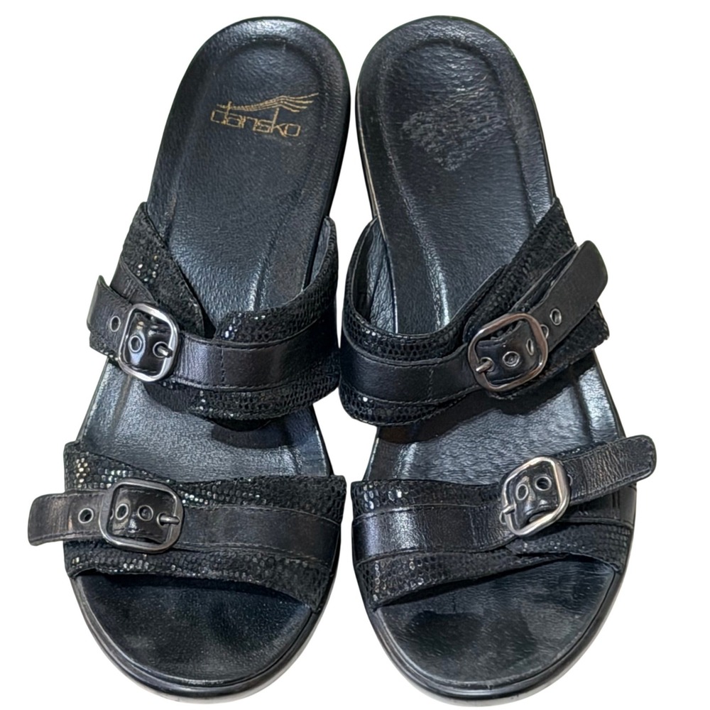 Dansko Platform Wedge Sandals Womens 38 Black Leather Double Buckle Slide Boho